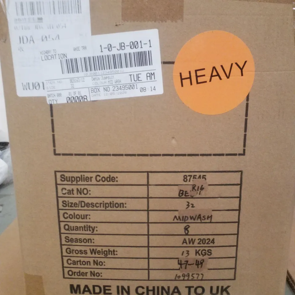 BOX CONTAINING APPROXIMATELY 8 BRAND NEW SIMPLY BE DENIM MID WASH JUMPSUITS - SIZE 32
