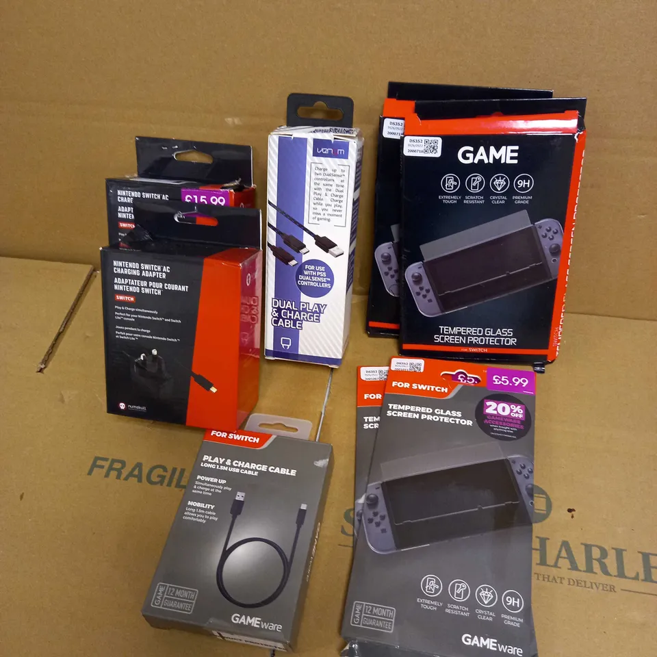 LOT OF 8 ITEMS INCLUDING TEMPERED GLASS, CHARGING ADAPTERS, CABLES FOR NINTENDO SWITCH