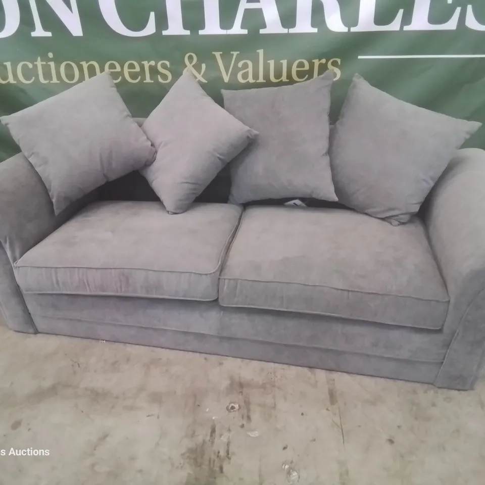 DESIGNER THREE SEATER SOFA WITH SCATTER CUSHIONS GREY FABRIC 