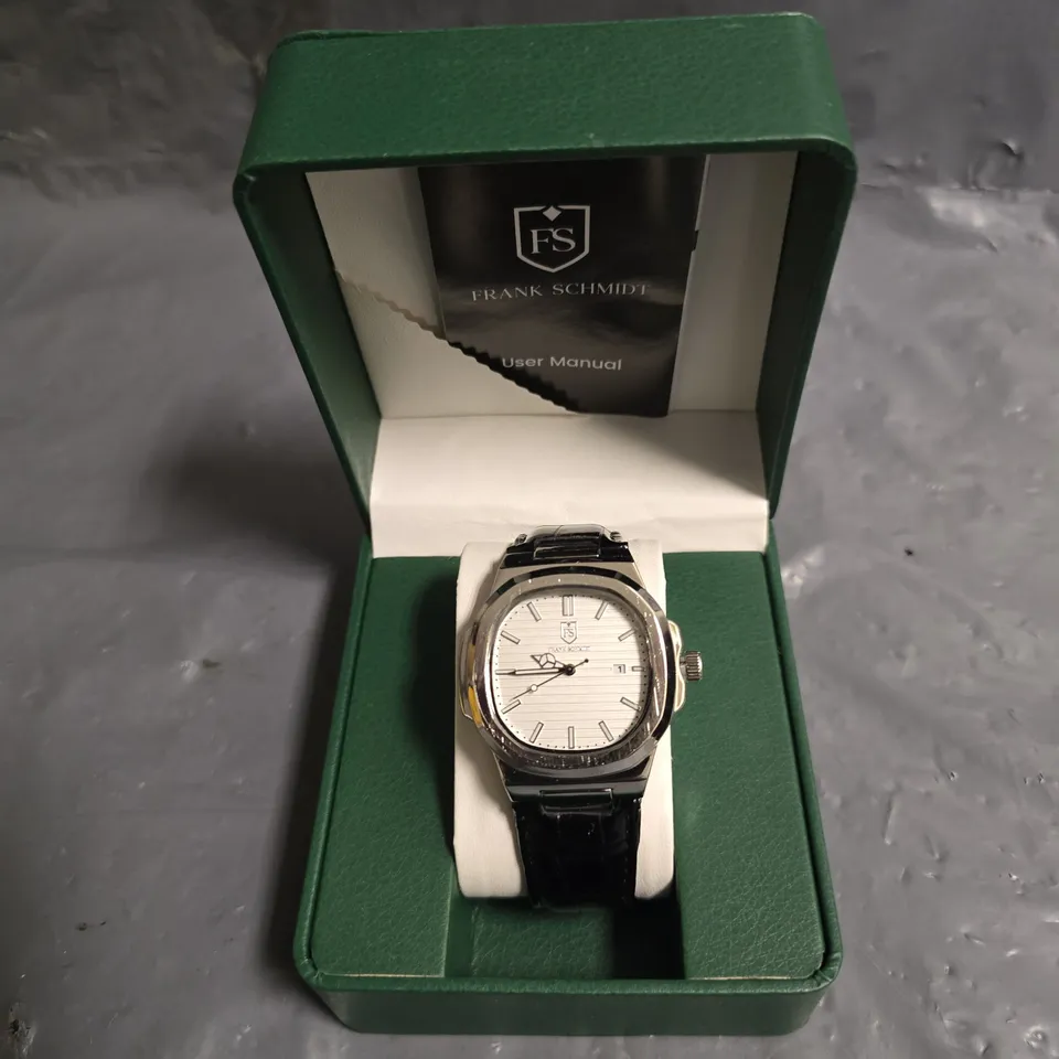 FRANK SCHMIDT SILVER DIAL WATCH WITH BLACK LEATHER STRAP