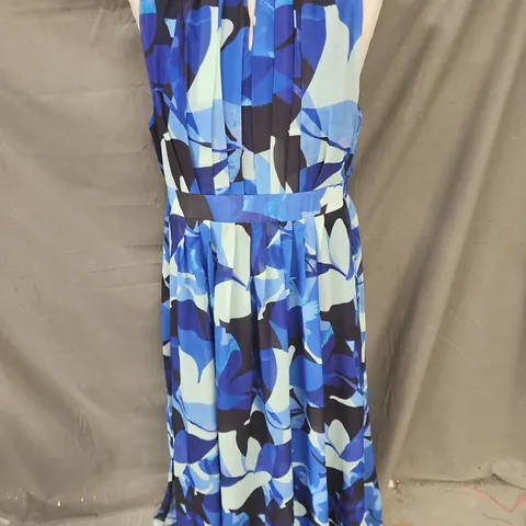 WALLIS PETITE HIGH NECK PLEAT DETAIL SLEEVELESS MAXI DRESS IN BLUE MULTI SIZE 14