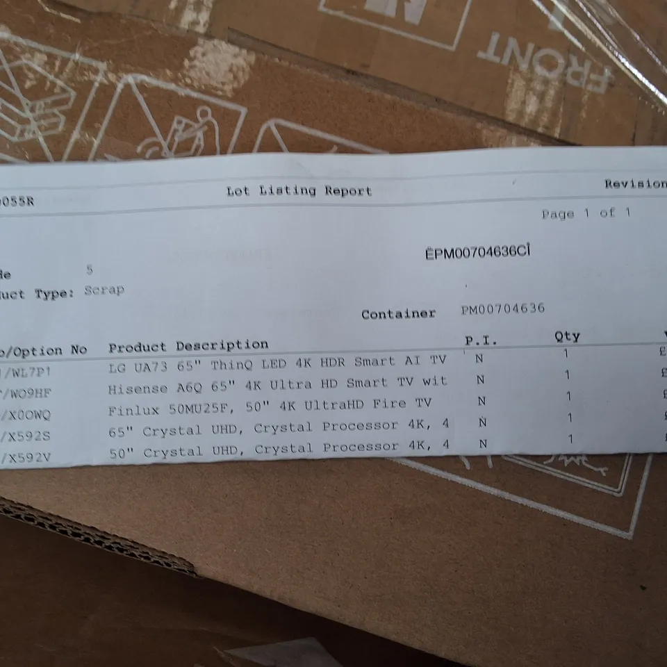 PALLET CONTAINING 5 ASSORTED DAMAGED TVS