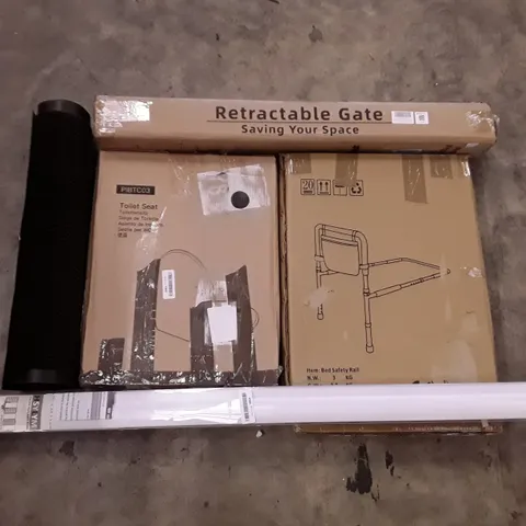 PALLET OF ASSORTED PRODUCTS INCLUDING RETRACTABLE GATE, BED SAFETY RAIL,TOILET SEAT, ROLLER BLIND, FLOOR MAT