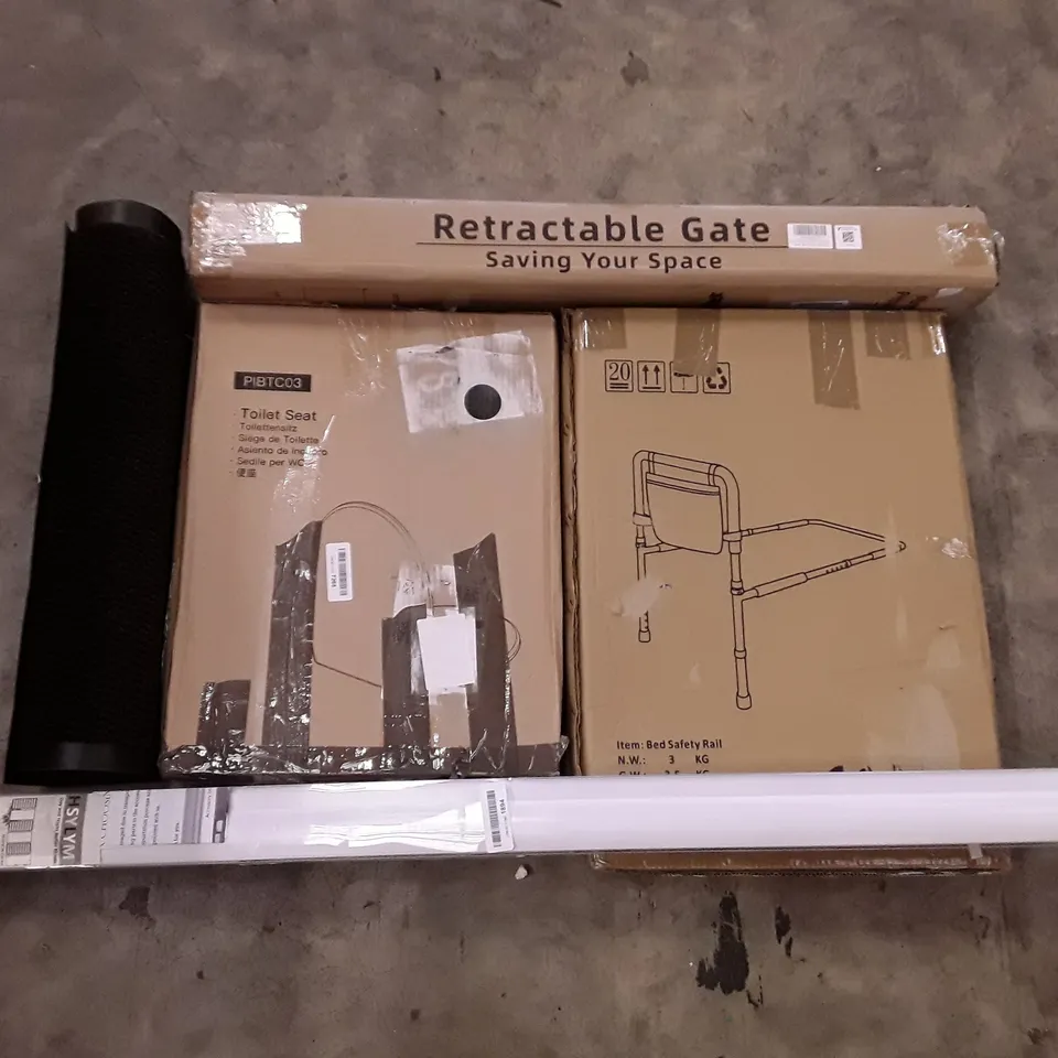 PALLET OF ASSORTED PRODUCTS INCLUDING RETRACTABLE GATE, BED SAFETY RAIL,TOILET SEAT, ROLLER BLIND, FLOOR MAT
