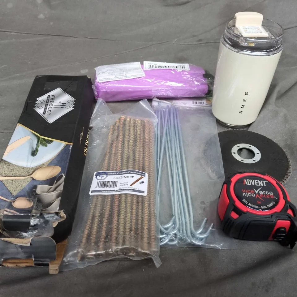 BOX OF APPROX 10 ASSORTED HOUSEHOLD ITEMS TO INCLUDE – SCREWS, NAILS, HOOKS, TAPE MEASURE & SAW BLADE