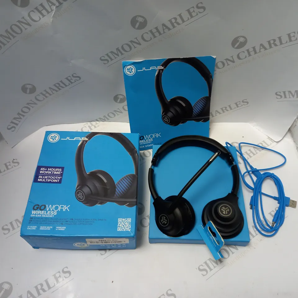 BOXED JLAB GOWORK WIRED/WIRELESS BLUETOOTH HEADSET WITH INSTRUCTIONS AND CABLES