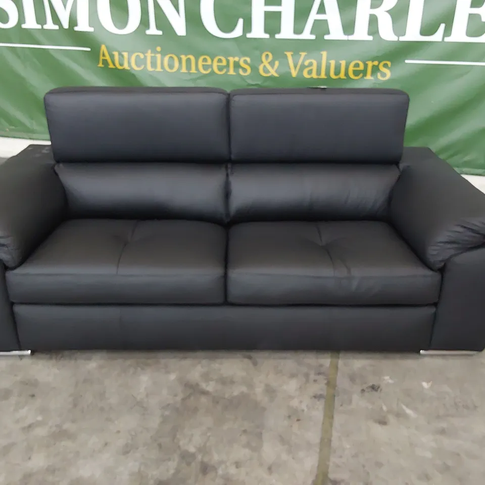 DESIGNER ITALIAN STYLE THREE SEATER SOFA WITH ADJUSTABLE HEADRESTS BLACK LEATHER 