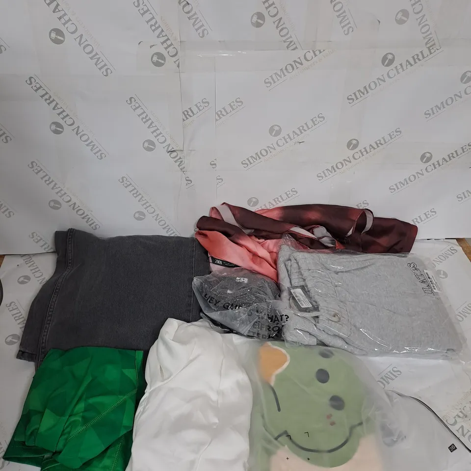 LARGE BOX OF ASSORTED CLOTHING ITEMS IN VARIOUS COLOURS AND SIZES INCLUDING TROUSERS , TOPS AND JUMPERS 