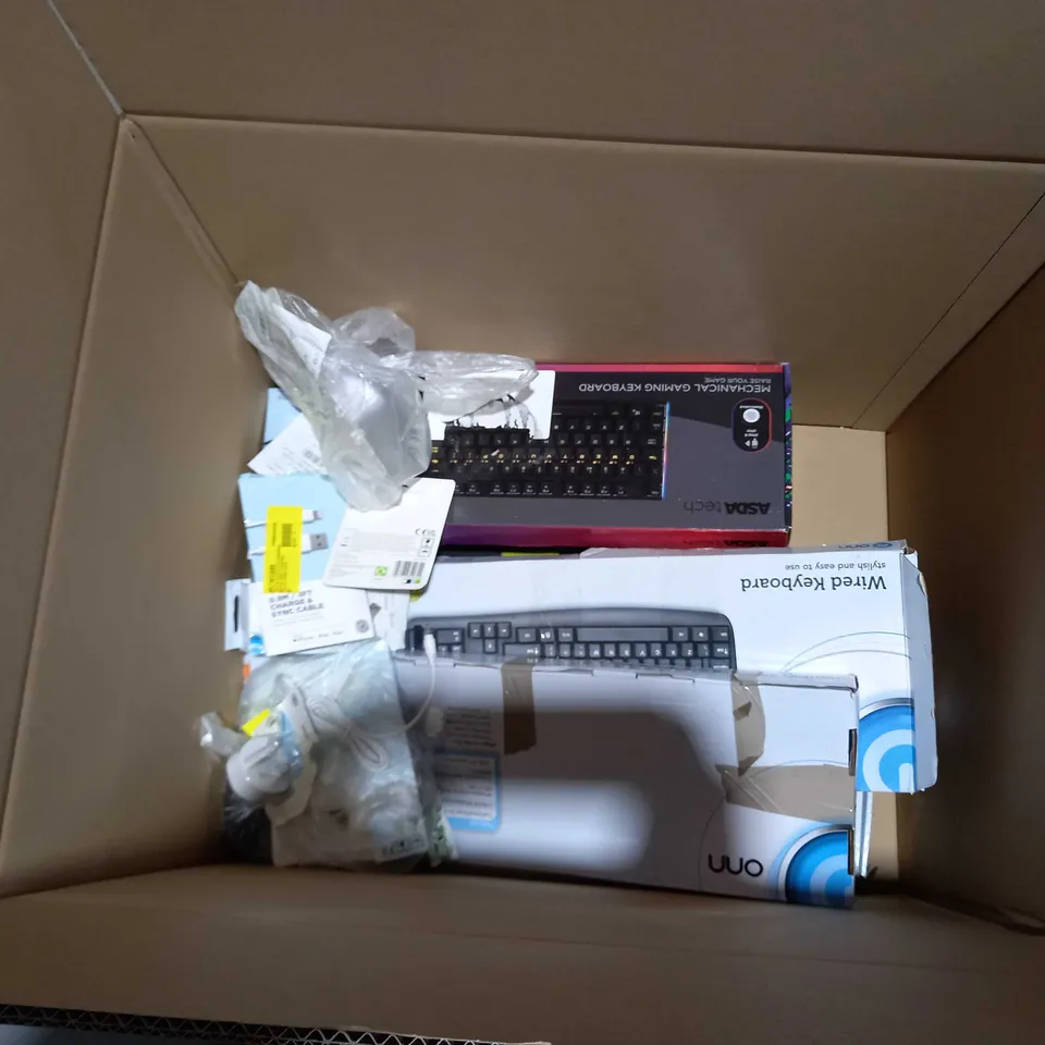 BOX OF APPROXIMATELY 20 ASSORTED ITEMS TO INCLUDE A BIG BUTTON LANDLINE PHONE. INDOOR AERIAL ANTENNA AND A WIRELESS KEYBOARD