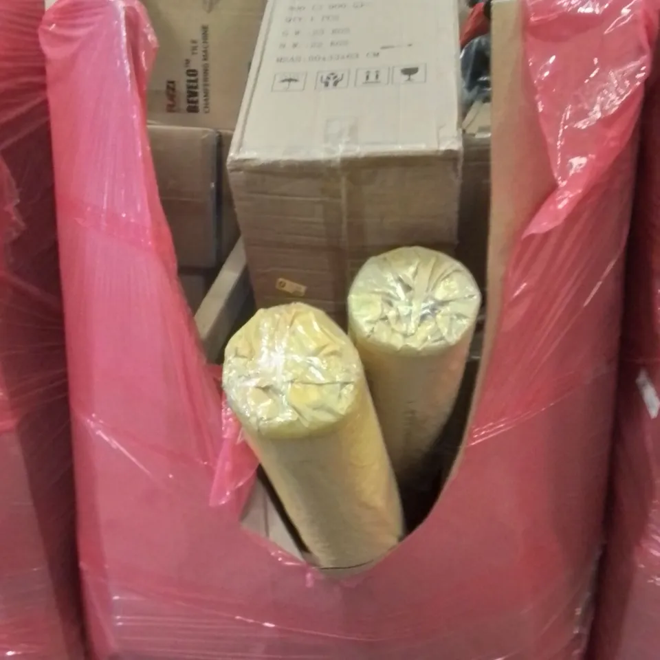 PALLET CONTAINING VARIOUS ASSORTED BOXED HOUSEHOLD ITEMS TO INCLUDE: AIR COOLERS, ARTIFICIAL GRASS ROLLS, CHAMFERING MACHINE AND LOTS MORE UNMARKED BOXED ITEMS 