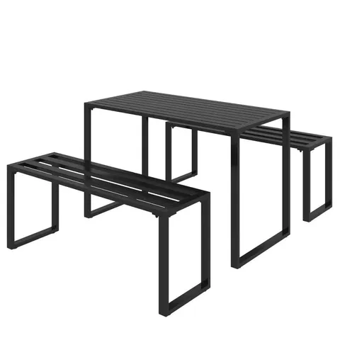 BOXED OUTSUNNY 3 PIECES PICNIC BENCH SET WITH TABLE AND 2 BENCHES, SLATED DESIGN DINING TRESTLE BEER TABLE AND SEAT, BLACK (1 BOX)