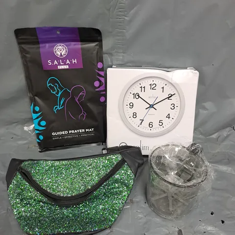 APPROXIMATELY 15 ASSORTED HOUSEHOLD ITEMS TO INCLUDE WALL CLOCK, PRAYER MAT, STORAGE CONTAINER ETC