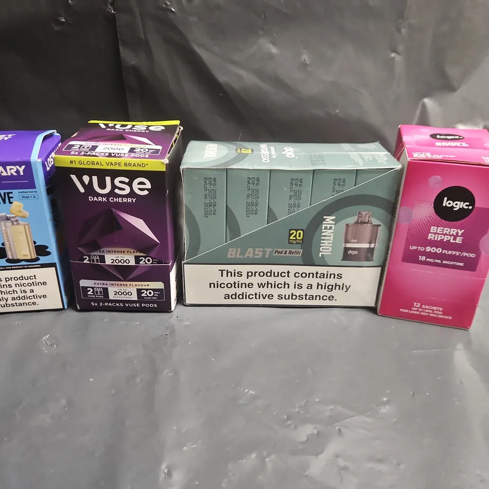 LOT OF APPROXIMATELY 20 ASSORTED ELECTRONIC CIGARETTE ITEMS TO INCLUDE VUSE PODS, DOJO BLAST PODS AND LOST MARY 4-IN-1 PODS