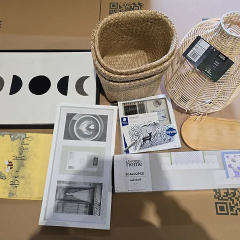 BOX OF APPROXIMATELY 10 ASSORTED HOUSEHOLD ITEMS TO INCLUDE - WALL ART, SHELVES, AND STORAGE BASETS ETC.