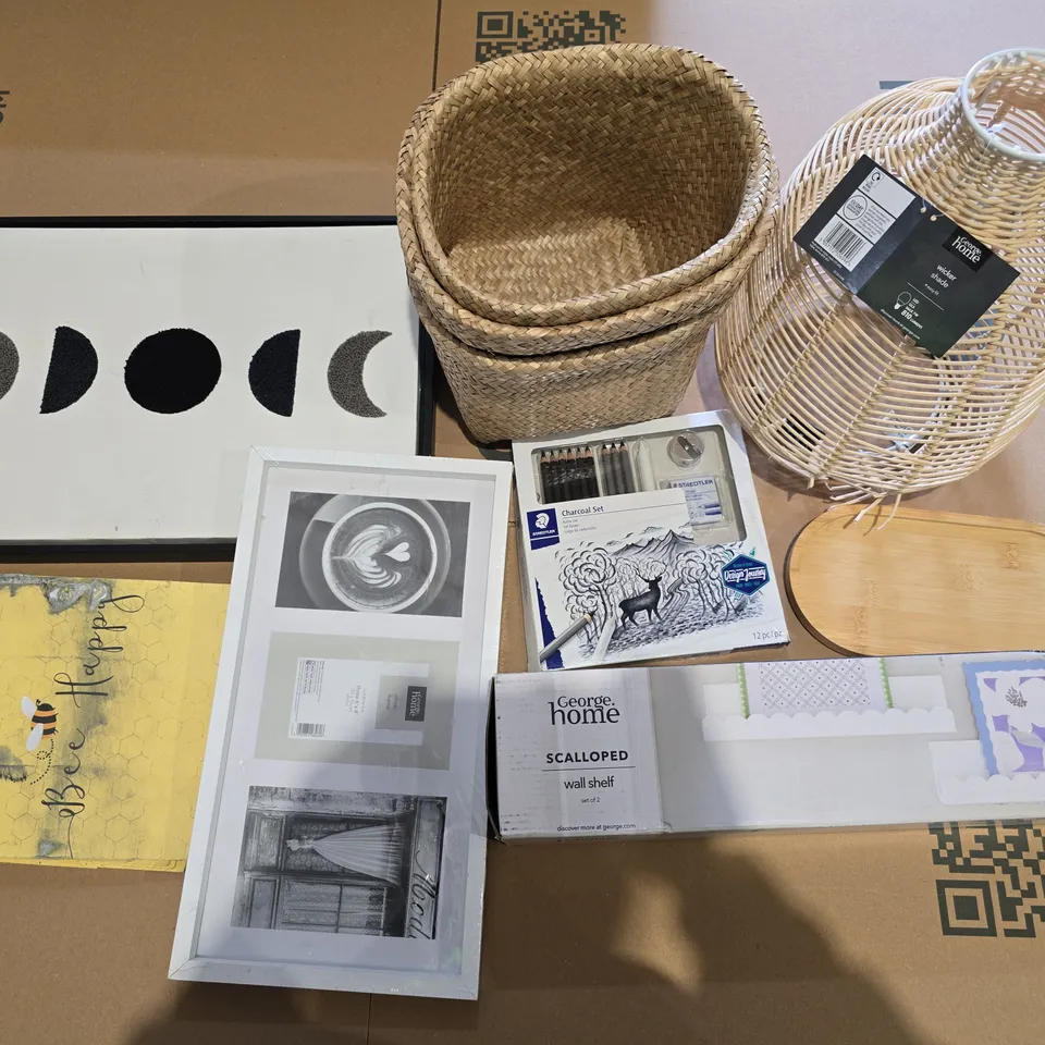 BOX OF APPROXIMATELY 10 ASSORTED HOUSEHOLD ITEMS TO INCLUDE - WALL ART, SHELVES, AND STORAGE BASETS ETC. 