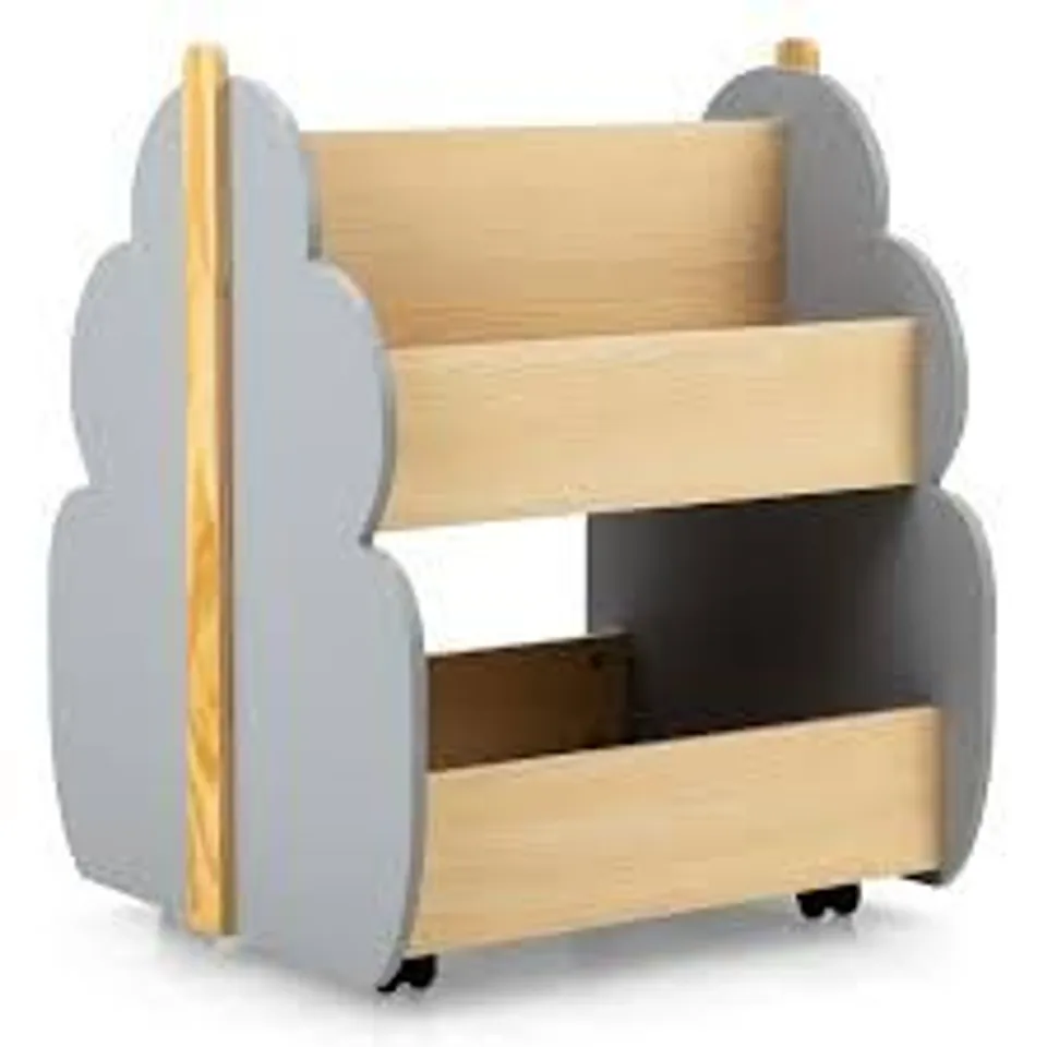 BOXED KIDS WOODEN TREE-SHAPE BOOKSHELF WITH UNIVERSAL WHEELS-GREY