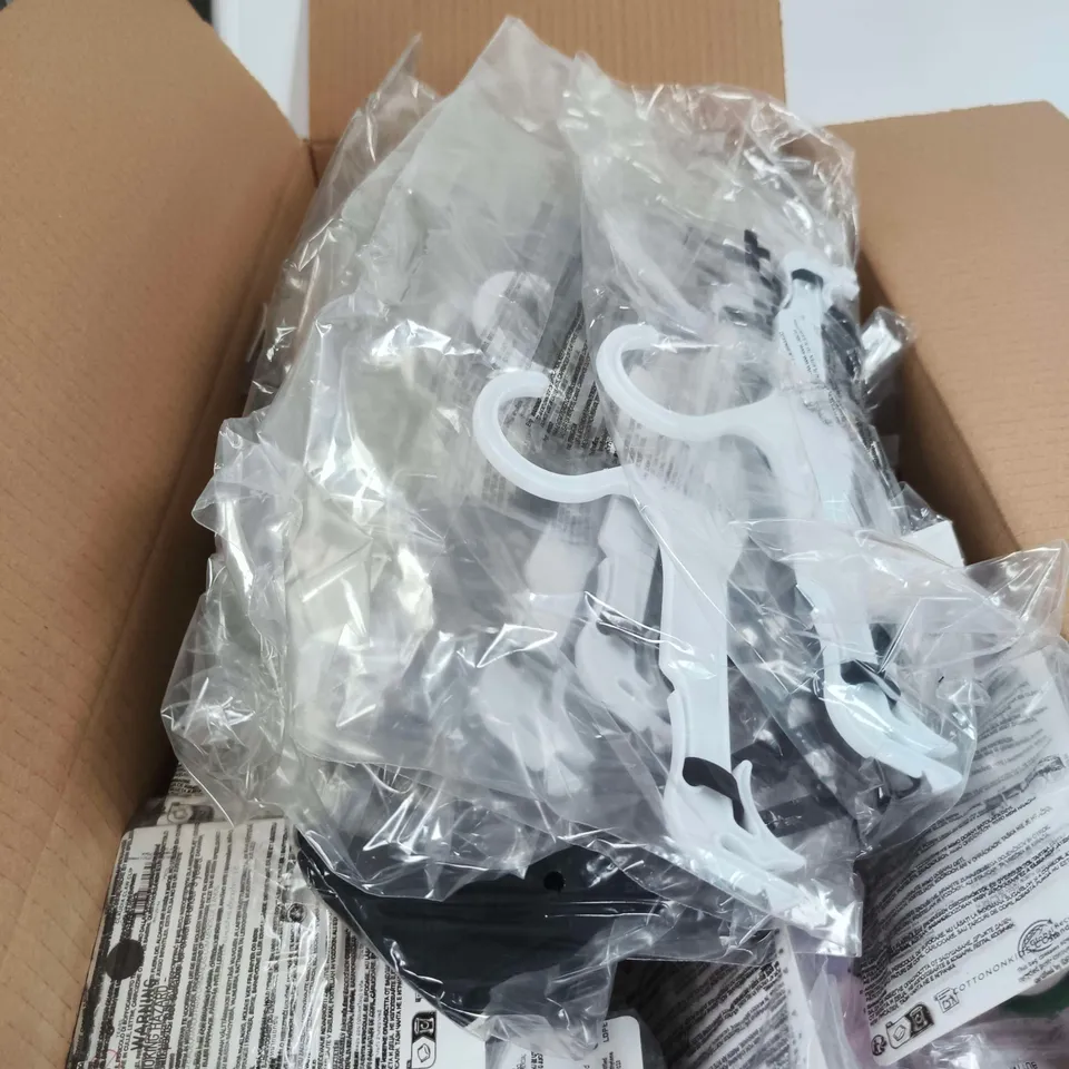 BOX OF APPROXIMATELY 35 ASSORTED CLOTHING/ACCESSORIES ITEMS TO INCLUDE LACE PLUNGE UNDERWIRE BRA, WRAP AROUND SUNGLASSES ETC