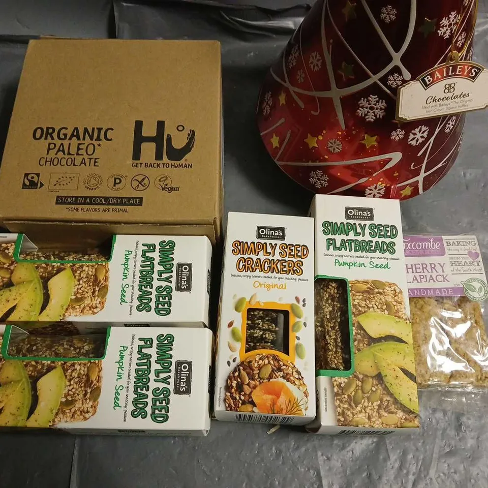 LOT OF 7 ASSORTED FOOD ITEMS TO INCLUDE BAILEYS CHOCOLATE AND HU ORGANIC PALEO CHOCOLATE