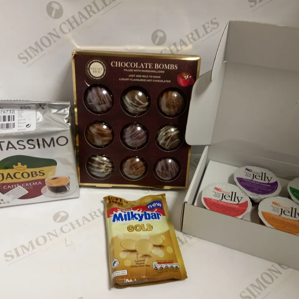 BOX OF APPROX 6 ITEMS TO INCLUDE MILKYBAR BUTTONS, TASSIMO COFFEE PODS AND CHOCOLATE BOMBS