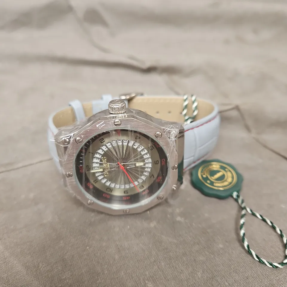 GAMAGES LONDON WRISTWATCH WITH WHITE LEATHER STRAP 