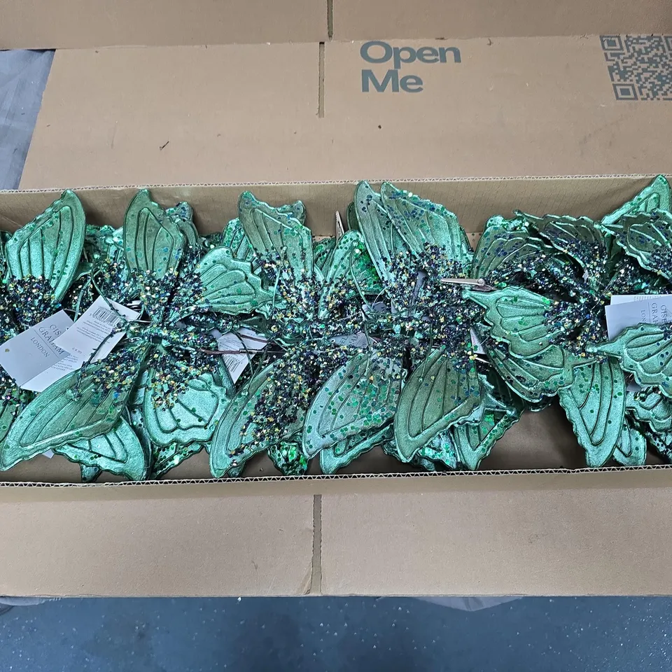 BOX OF APPROXIMATELY 24 GISELA GRAHAM GLITTER BUTTERFLY DECORATIONS GREEN