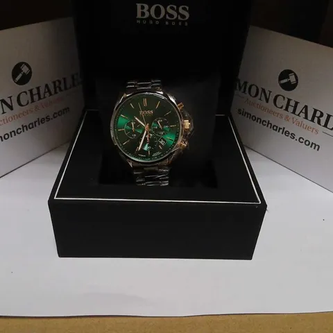 HUGO BOSS CHRONOGRAPH WATCH – GREEN DIAL, TWO-TONE STAINLESS STEEL BRACELET – BOXED