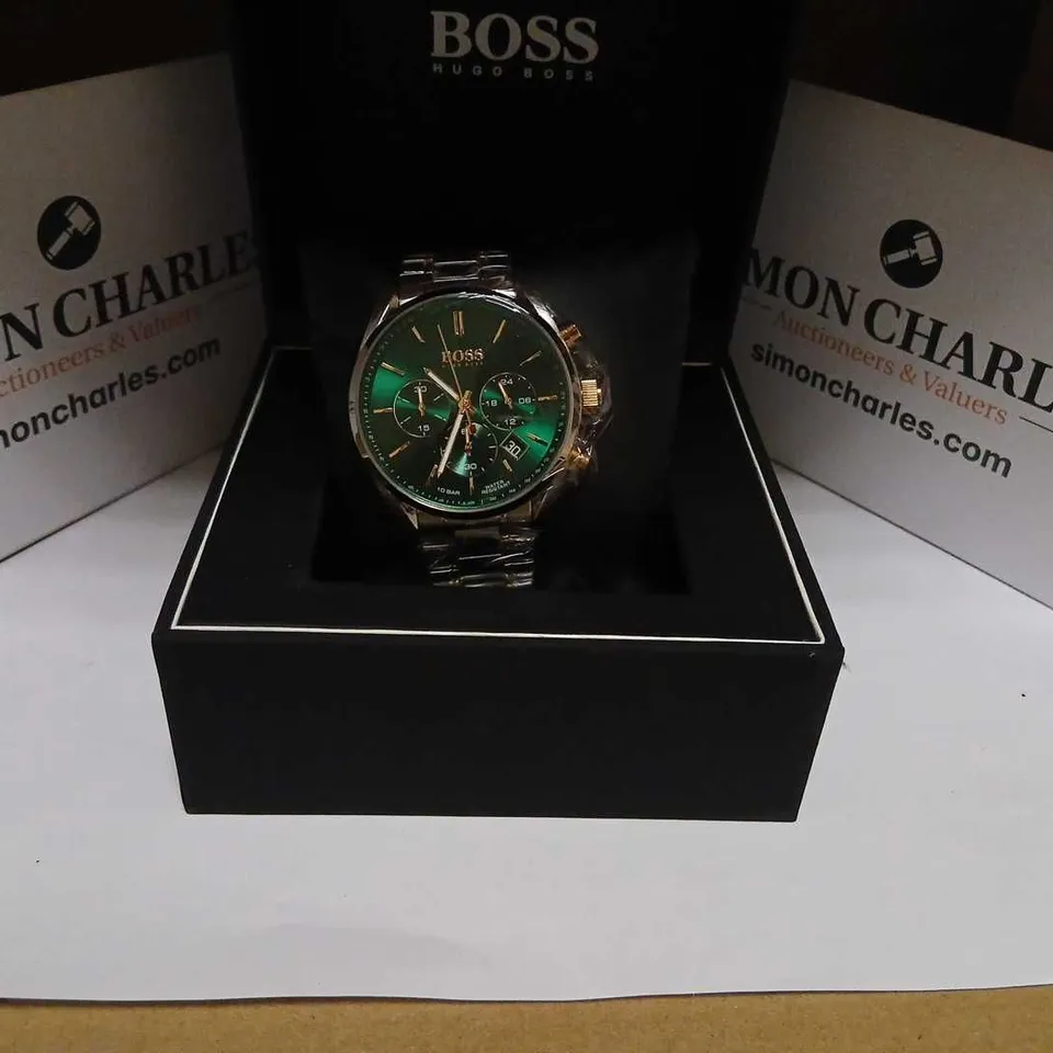 HUGO BOSS CHRONOGRAPH WATCH – GREEN DIAL, TWO-TONE STAINLESS STEEL BRACELET – BOXED