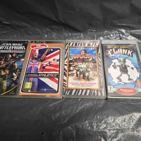 FOUR ASSORTED SONY PSP GAMES TO INCLUDE; STAR WARS BATTLEFRONT RENEGADE SQUADRON, INTERNATIONAL ATHLETICS, SECRET AGENT CLANK AND JUMANJI