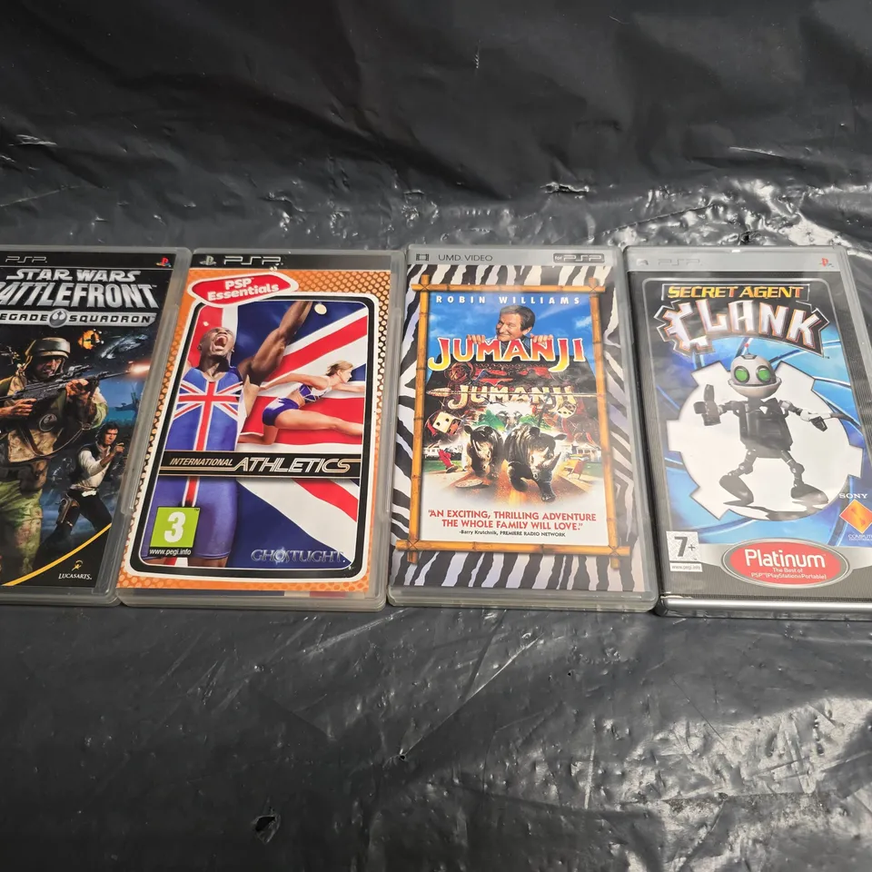 FOUR ASSORTED SONY PSP GAMES TO INCLUDE; STAR WARS BATTLEFRONT RENEGADE SQUADRON, INTERNATIONAL ATHLETICS, SECRET AGENT CLANK AND JUMANJI