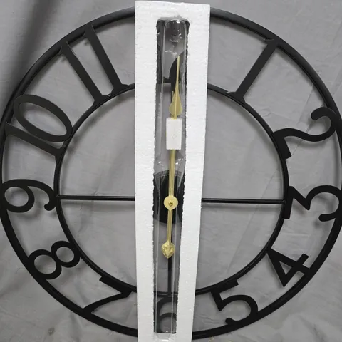 LARGE ROUND BLACK METAL WALL CLOCK WITH OPEN NUMERALS