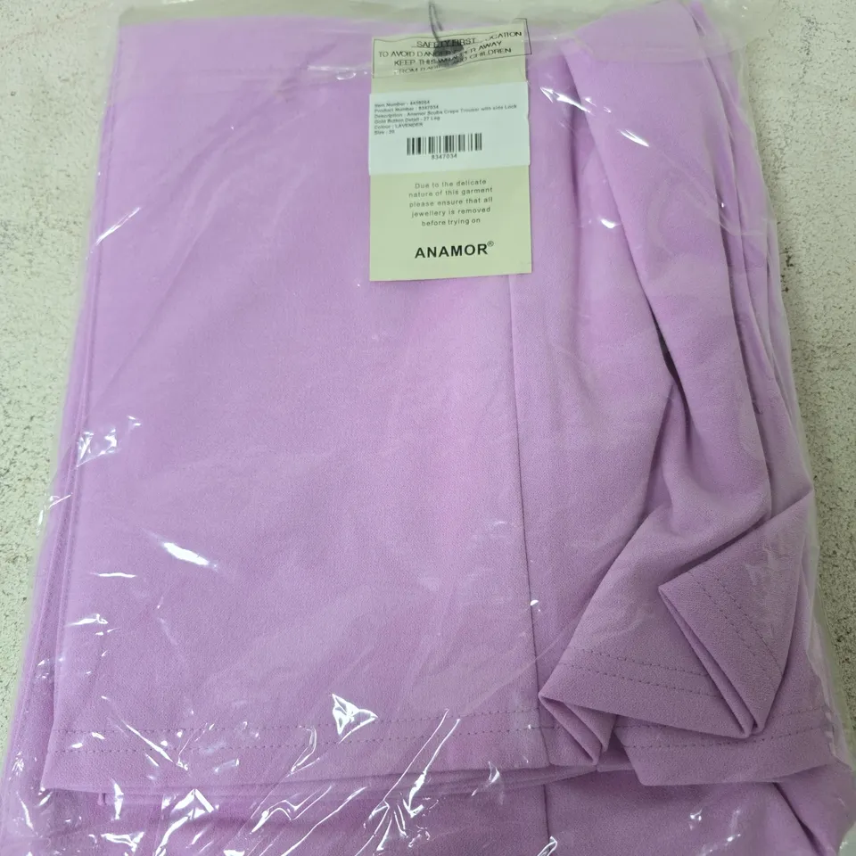 ANAMOR SCUBA CREPE SIDE LOCK GOLD BUTTON DETAIL TROUSERS, LAVENDER - SIZE 20 
