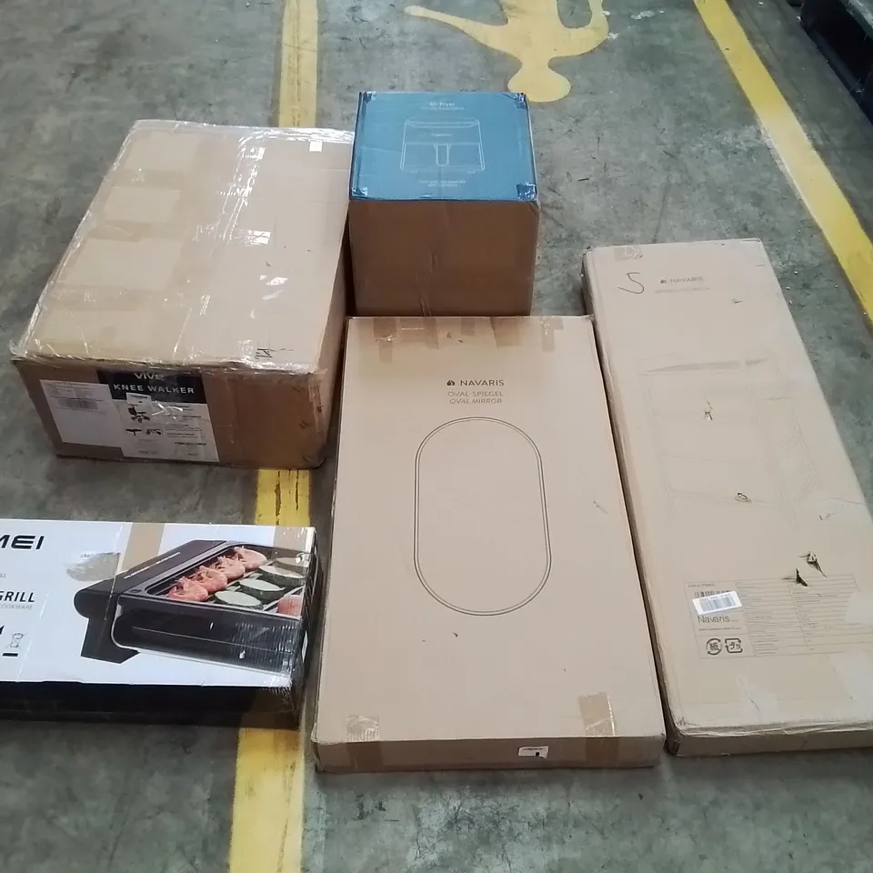 PALLET OF ASSORTED ITEMS TO INCLUDE: AIR FRYER, KNEE WALKER, ELECTRIC GRILL, OVAL MIRROR, STORAGE DRAWERS ECT