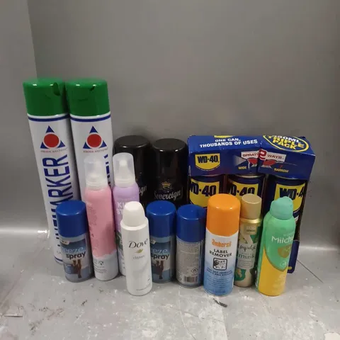 APPROXIMATELY 15 ASSORTED AEROSOLS TO INCLUDE - WD-40 - MITCHUM DEODORANT - SOVEREIGN AIR SANITISER - COLLECTION ONLY