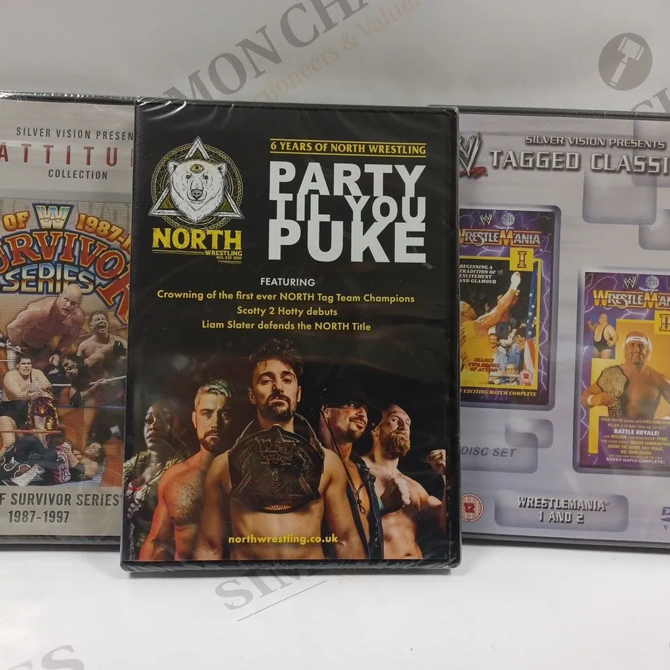 BOX OF APPROX 10 DVD'S TO INCLUDE WWE BEST OF SURVIVOR SERIES, WWE TAGGED CLASSICS WRESTLEMANIA, NORTH WRESTLING PARTY TIL YOU PUKE, ETC. 