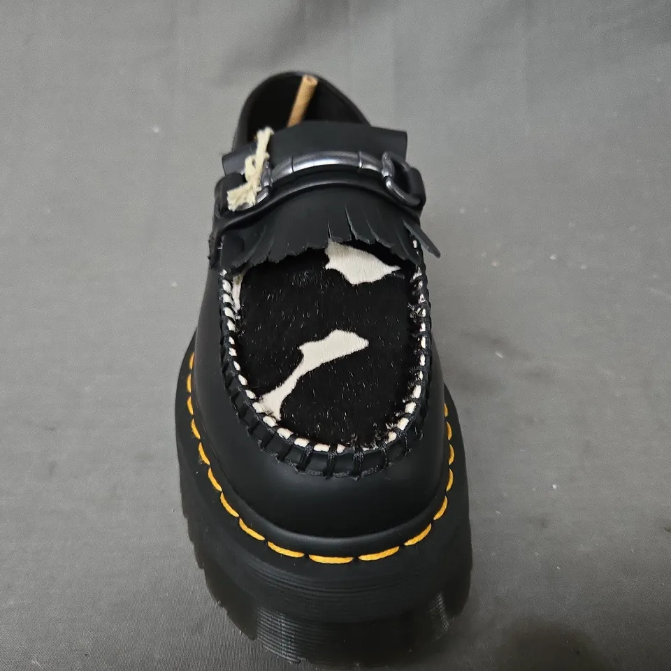 BOXED PAIR OF DR MARTENS ADRIAN SNAFFLE QUAD LOAFERS IN BLACK/COW PRINT UK SIZE 5