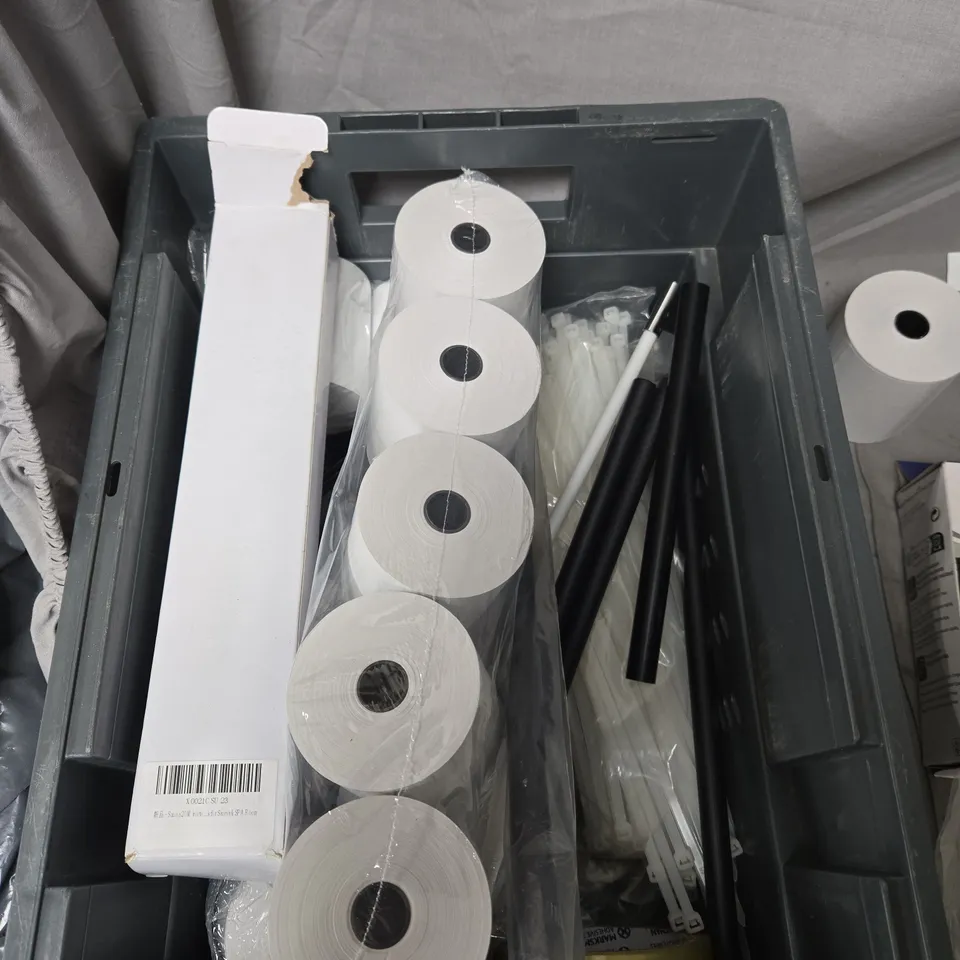 APPROXIMATELY 25 ASSORTED HOUSEHOLD & OFFICE SUPPLIES LOT – TOILET PAPER ROLLS, GLOVES, GIFT WRAP, AND EPSON CARTRIDGE