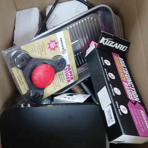 BOX OF APPROXIMATELY 15 ASSORTED HOUSEHOLD ITEMS TO INCLUDE WALLPAPER , PAPER TIGER AND RESISTANCE BANDS