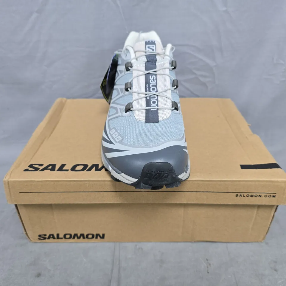 BOXED PAIR OF SALOMON XT-6 FOR DSM TRAINERS IN GREY/SILVER SIZE UK 7.5