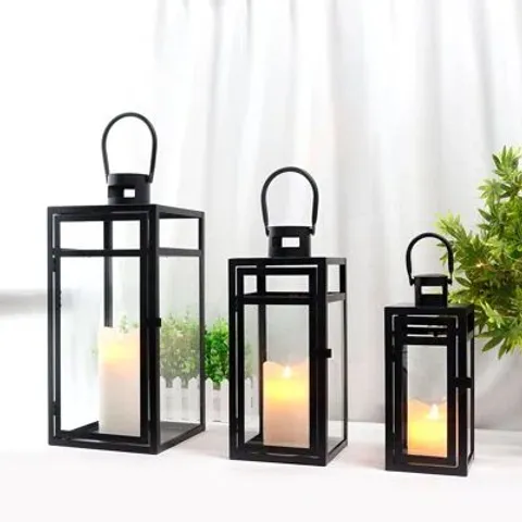 BOXED 3PCS BLACK METAL CANDLE LANTERN