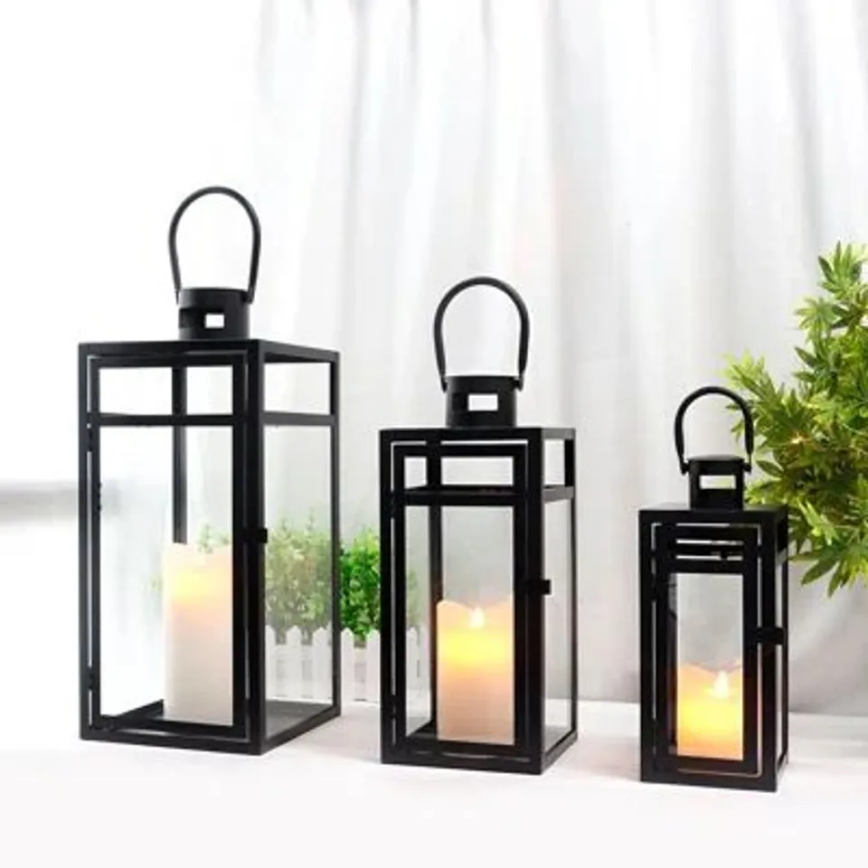 BOXED 3PCS BLACK METAL CANDLE LANTERN