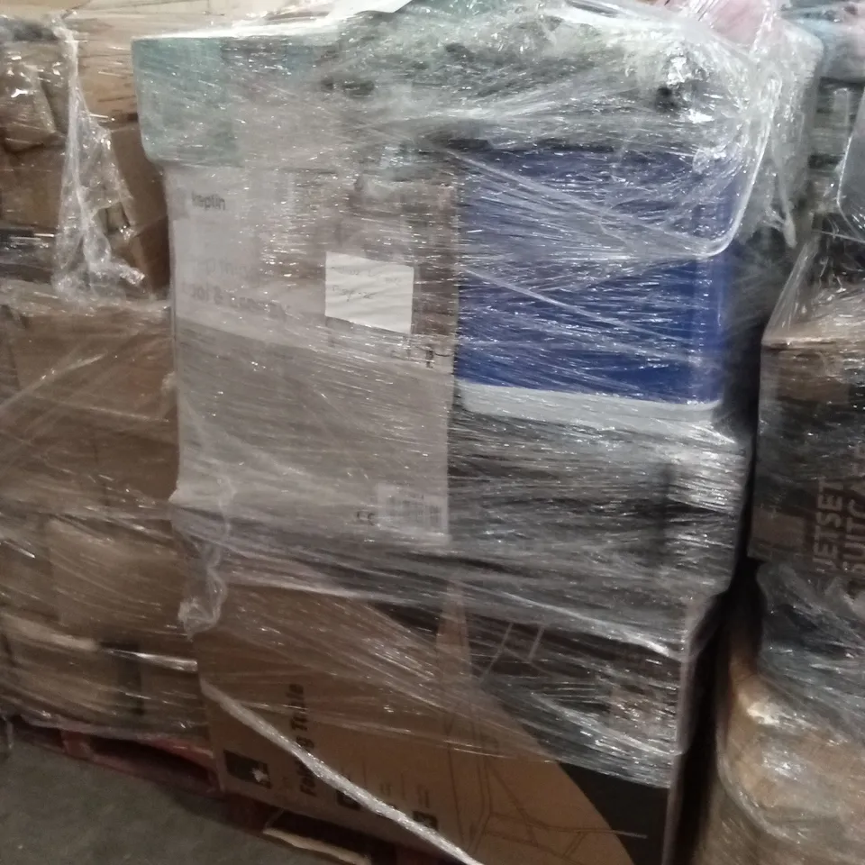 PALLET OF ASSORTED E-COMMERCE GOODS AND PRODUCTS TO INCLUDE; 6FT FOLDING TABLES, FLOOR FAN, COOLER BOX, KIDS HELMETS, AIR FRYER, SUITCASES/CABIN BAGS ETC