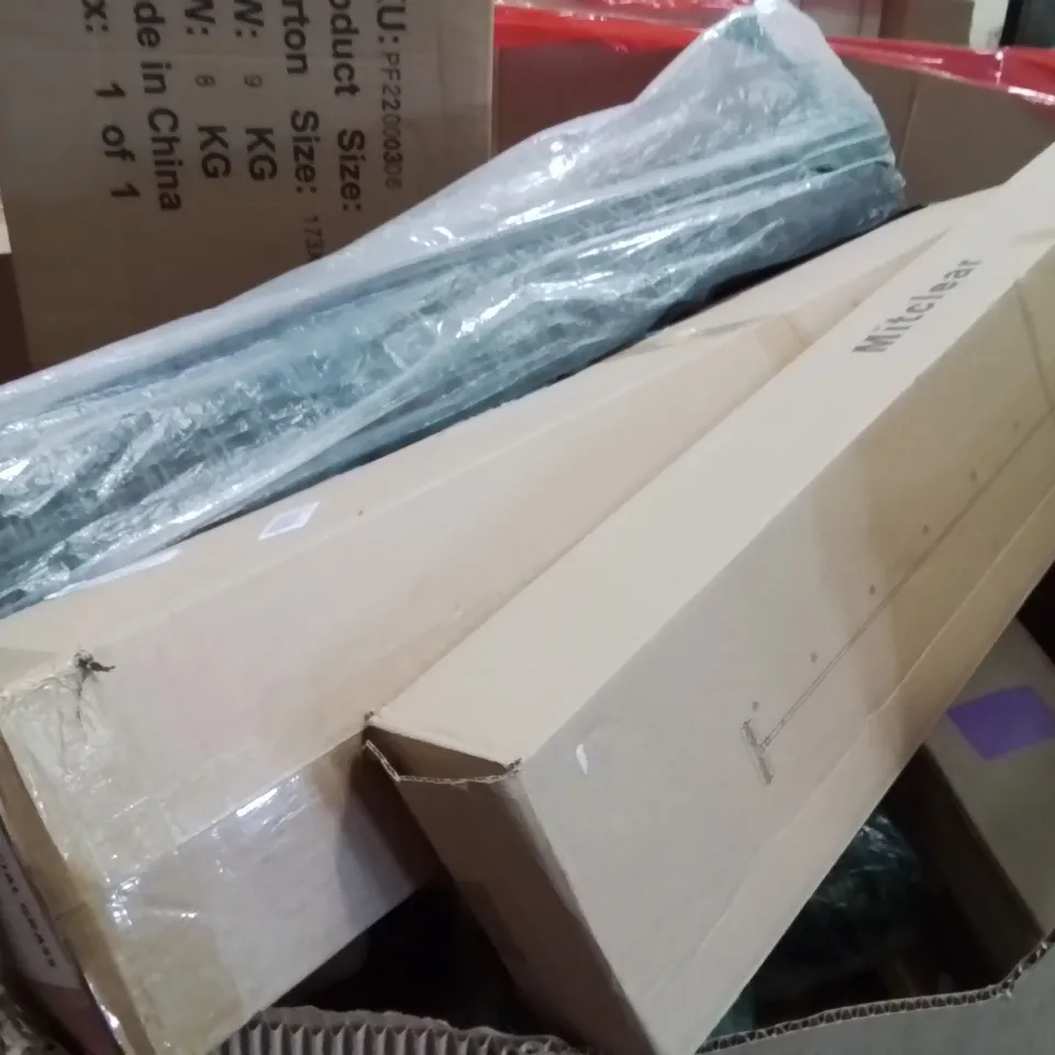 PALLET OF ASSORTED HOUSEHOLD GOODS AND PRODUCTS TO INCLUDE;BIKE PUMP,PHOTO FRAMES,GARDEN BARRIER FENCE