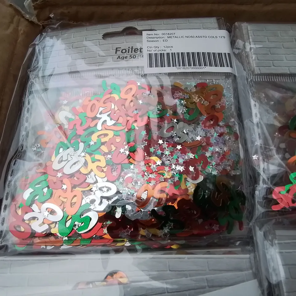 PALLET CONTAINING 98 BOXES OF BRAND NEW METALLIC NO50 CONFETTI - 144 PIECES PER BOX / APPROX 14,112 TOTAL
