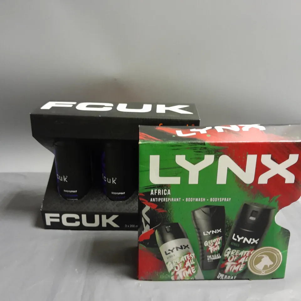 BOX OF 6 ASSORTED MENS BODY SETS TO INCLUDE LYNX AFRICA AND FCUK BODY SPRAY 