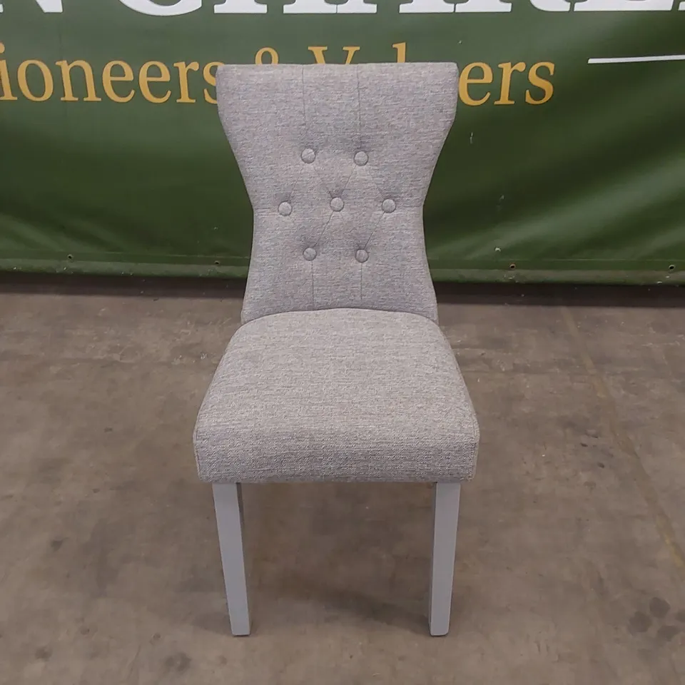 DESIGNER GREY FABRIC BUTTON BACK DINING CHAIR WITH GREY LEGS