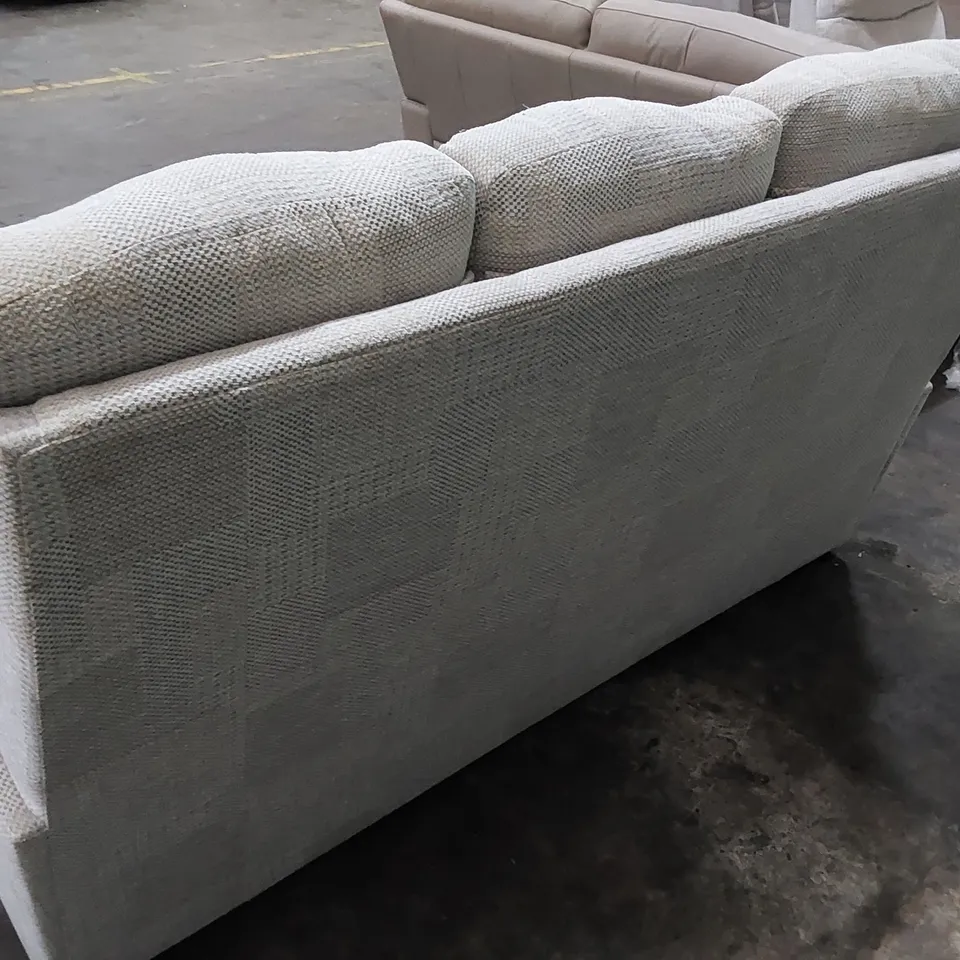DESIGNER 3 SEATER SOFA UPHOLSTERED IN BEIGE FABRIC
