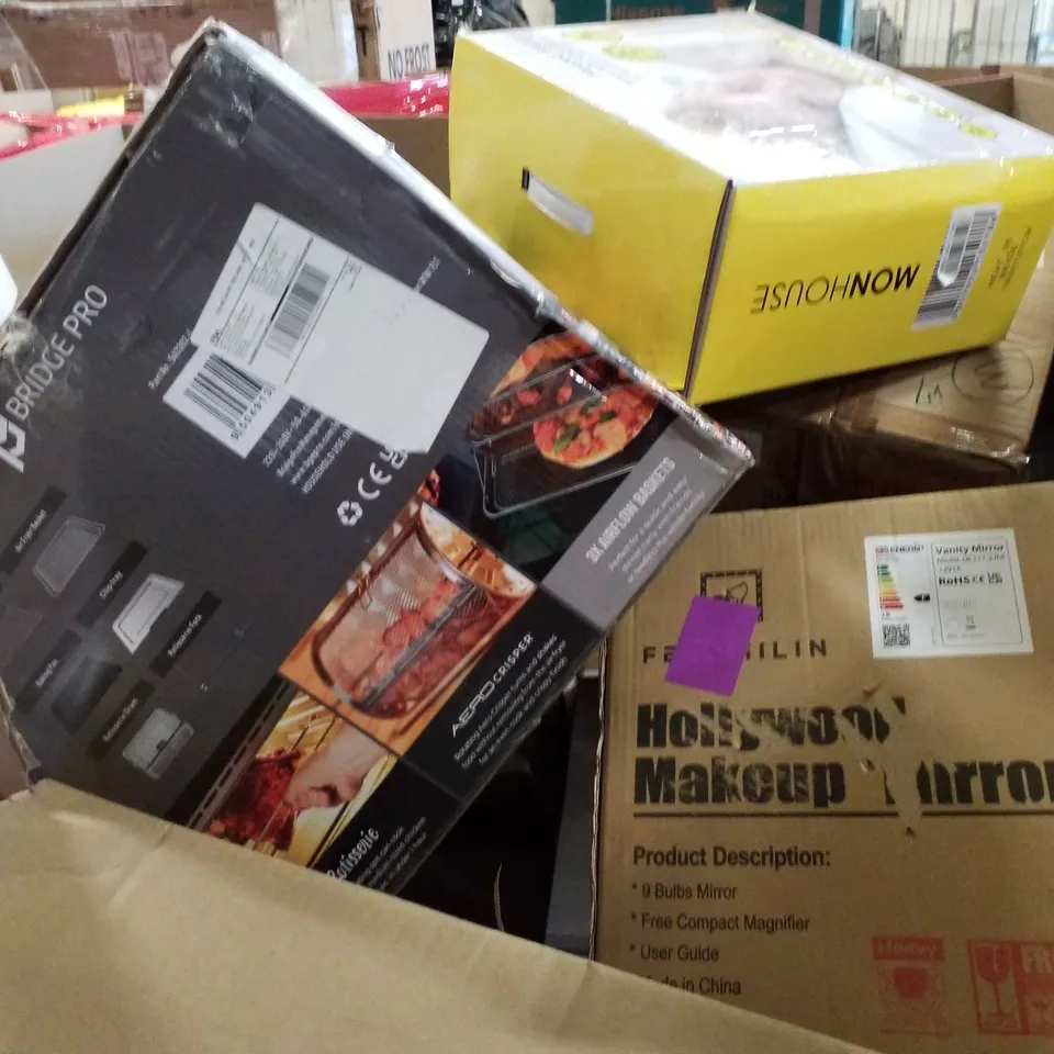 PALLET CONTAINING ASSORTED PRODUCTS INCLUDING AIR FRYER OVEN, HEATED THROW, HOLLYWOOD  MAKEUP MIRROR, TOILET SEAT, ESPRESSO COFFEE MACHINE 