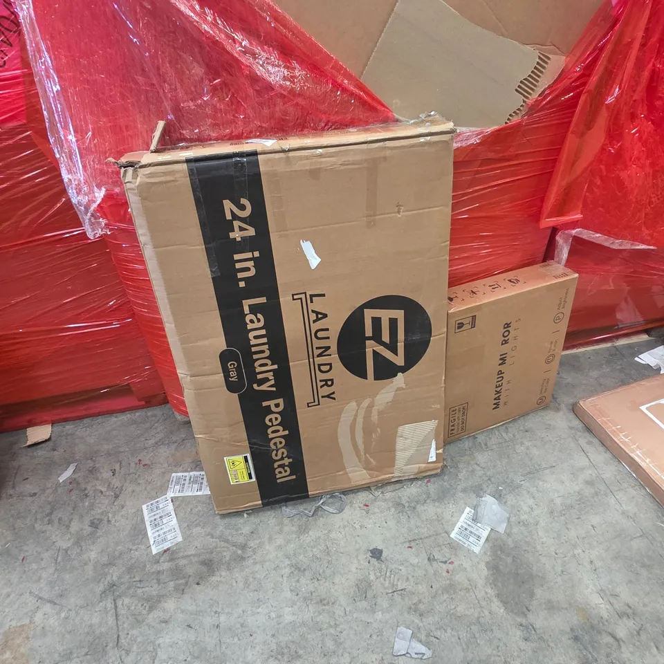 PALLET OF ASSORTED HOUSEHOLD GOODS AND PRODUCTS TO INCLUDE;LAUNDRY PEDESTAL,LED MIRROR