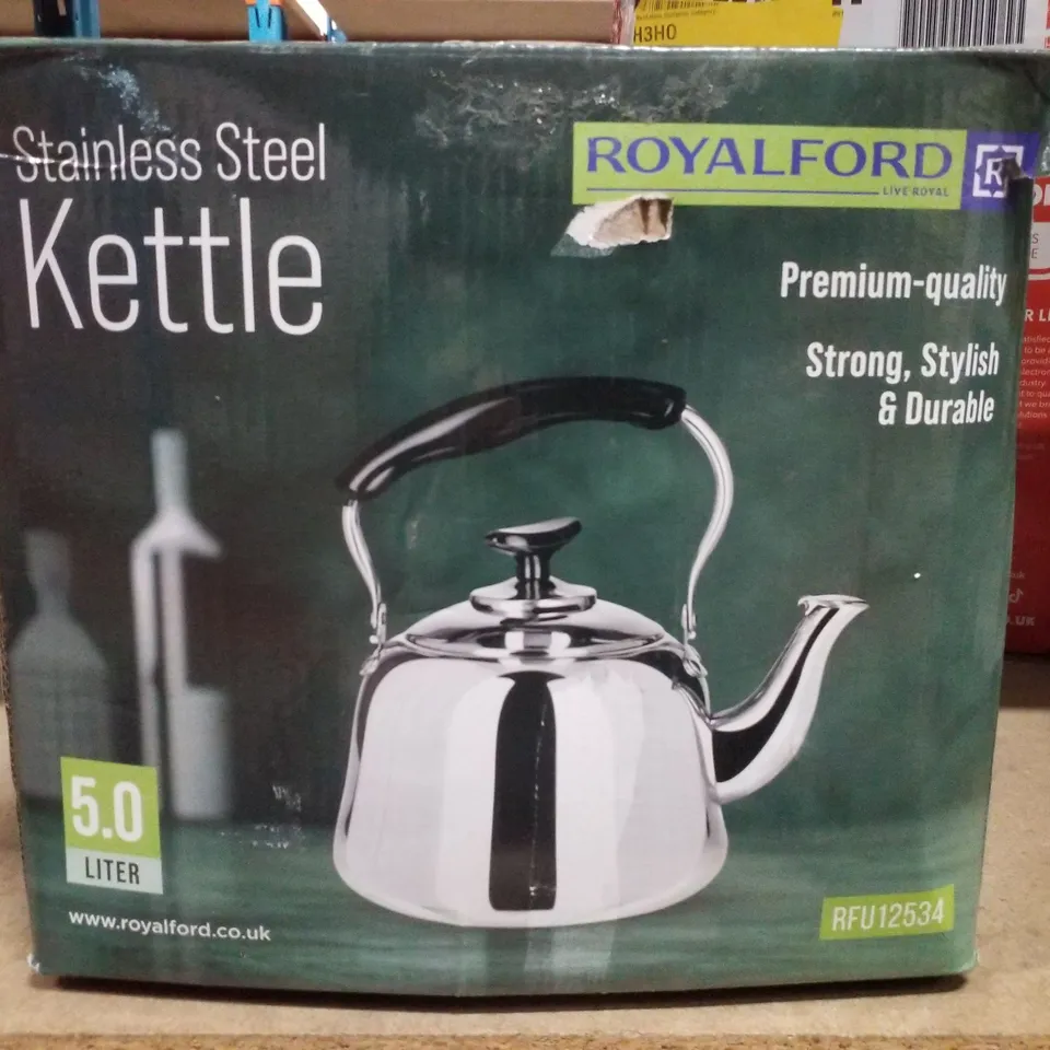 BOXED ROYALFORD STAINLESS STEEL TEA KETTLE FOR STOVE TOP