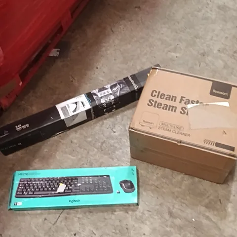 PALLET OF ASSORTED ITEMS INCLUDING - LOGITECH KEYBOARD, GAMING MOUSE PAD, STEAM CLEANER 